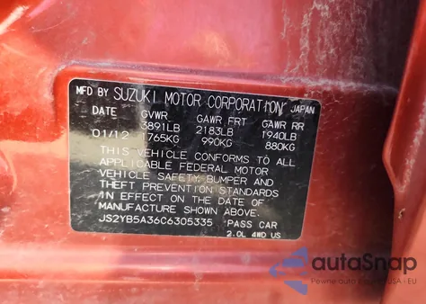 2012 Suzuki Sx4 из США, поврежденный, VIN JS2YB5A36C6305335